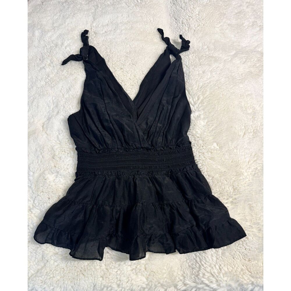 Cinq à Sept Black Cotton Silk Peplum Top XS V Neck Smocked Tie Strap